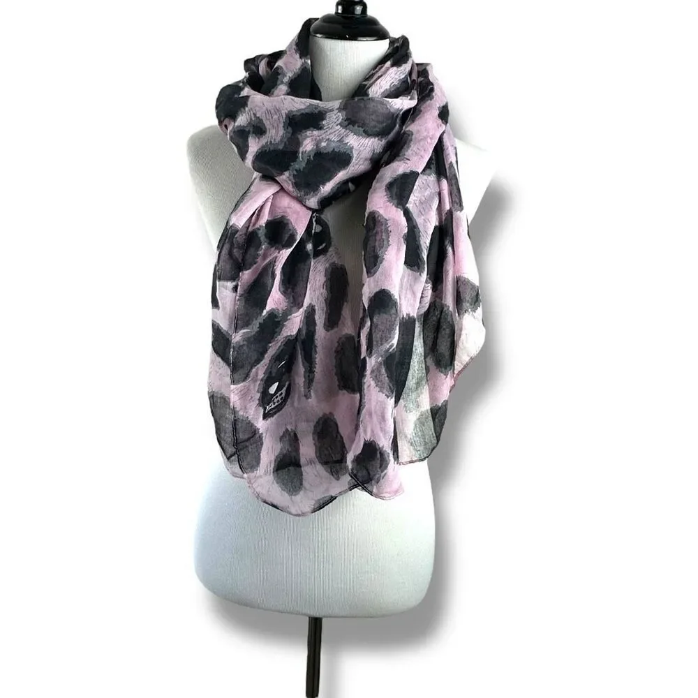 Skull And Dot Print Fashion Scarf Semi Sheer Chiffon Pink Black EGirl Whimsigoth